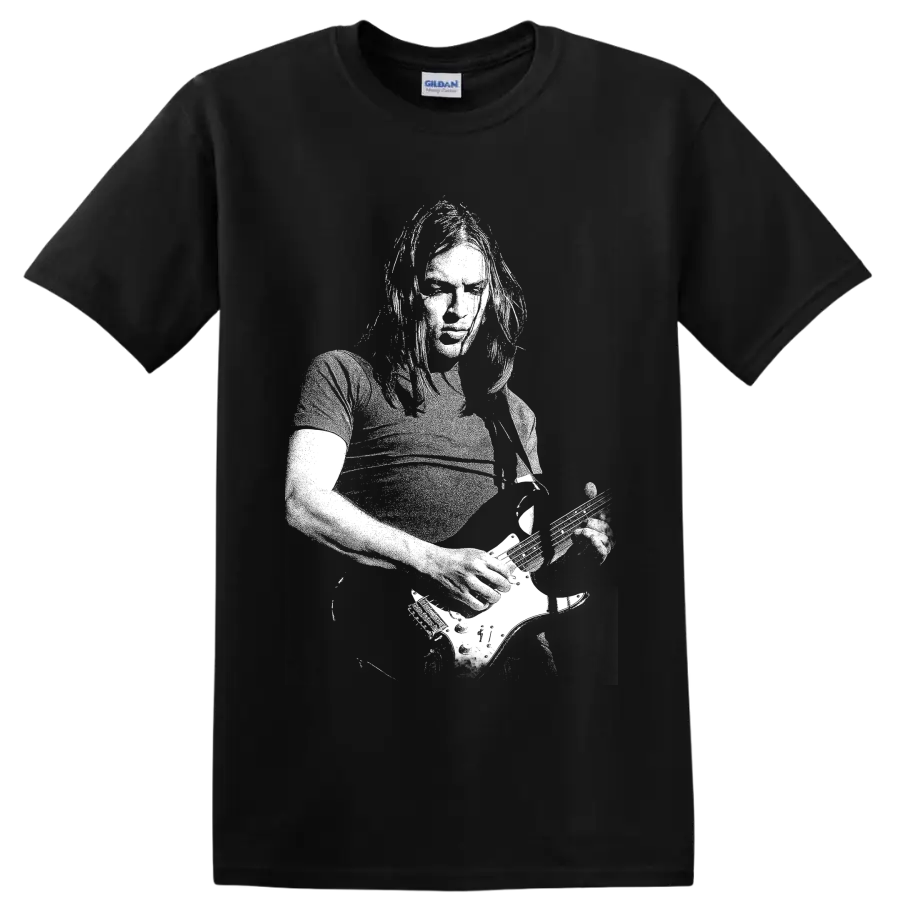 High-contrast David Gilmour portrait graphic inspired by Pink Floyd on a Black T Shirt