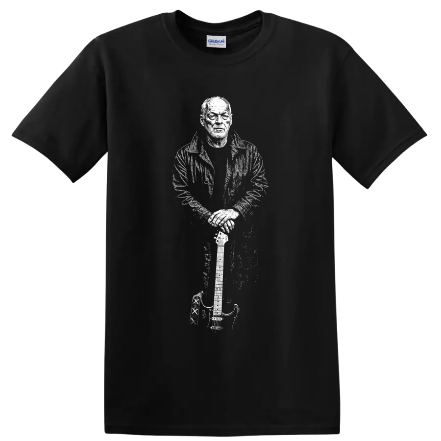 High-contrast David Gilmour guitarist portrait in a bold monochrome rock graphic style on a Black T Shirt