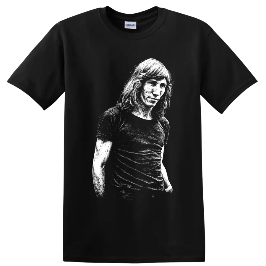 High-contrast Roger Waters Pink Floyd portrait with bass in vintage rock style on a Black T Shirt