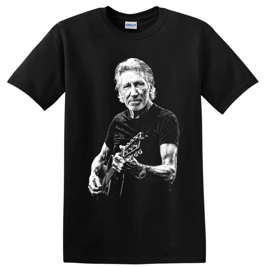 Monochrome Roger Waters Pink Floyd musician portrait holding an instrument on a Black T Shirt
