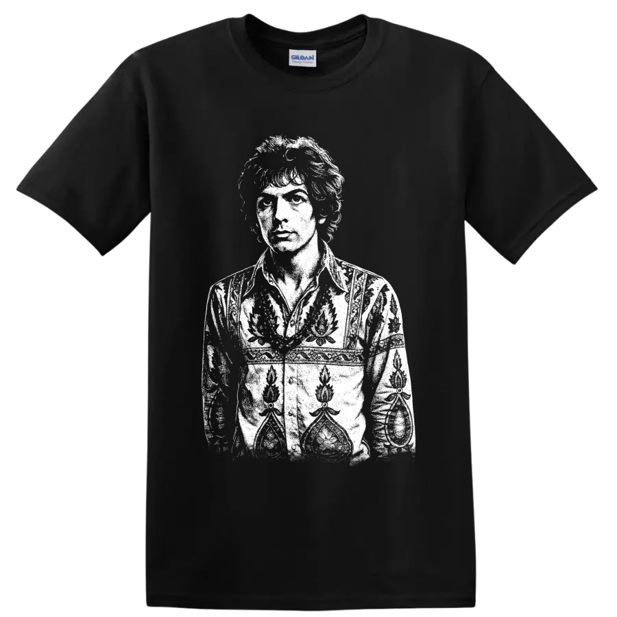 High-contrast black-and-white Mick Jagger portrait in a bold rock music graphic style on a Black T Shirt