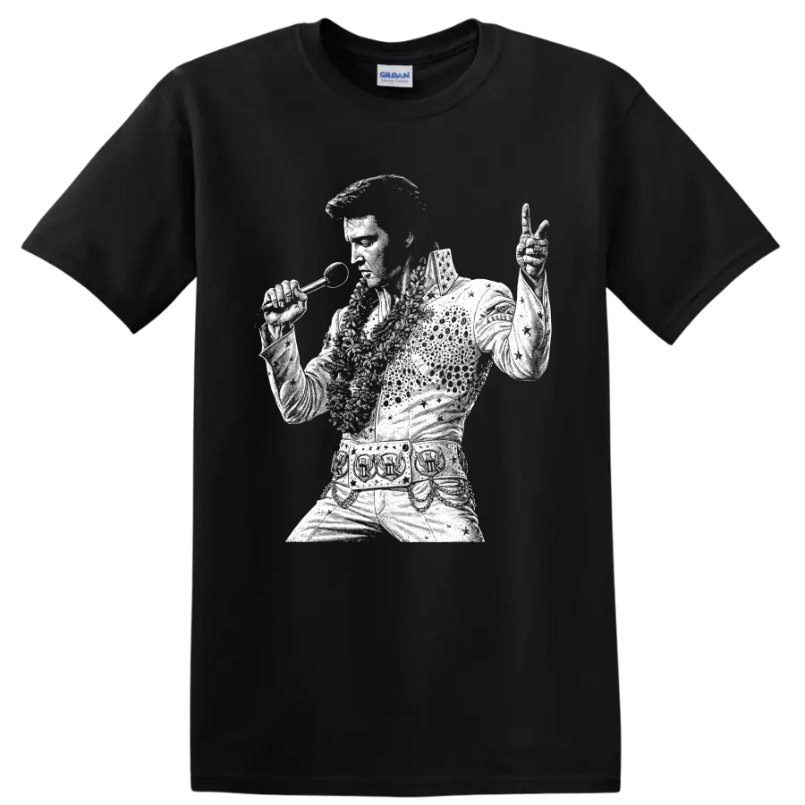 Elvis Presley performing with microphone in bold white rock and roll silhouette on a Black T Shirt