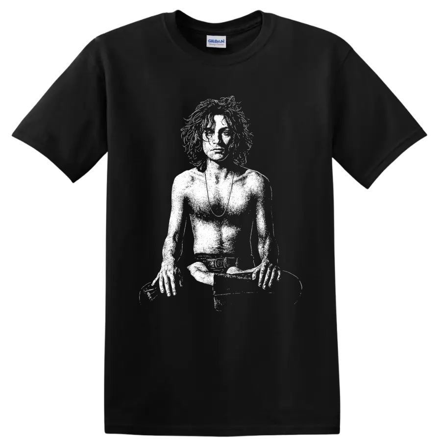 High-contrast Syd Barrett portrait graphic in a bold monochrome rock art style on a Black T Shirt