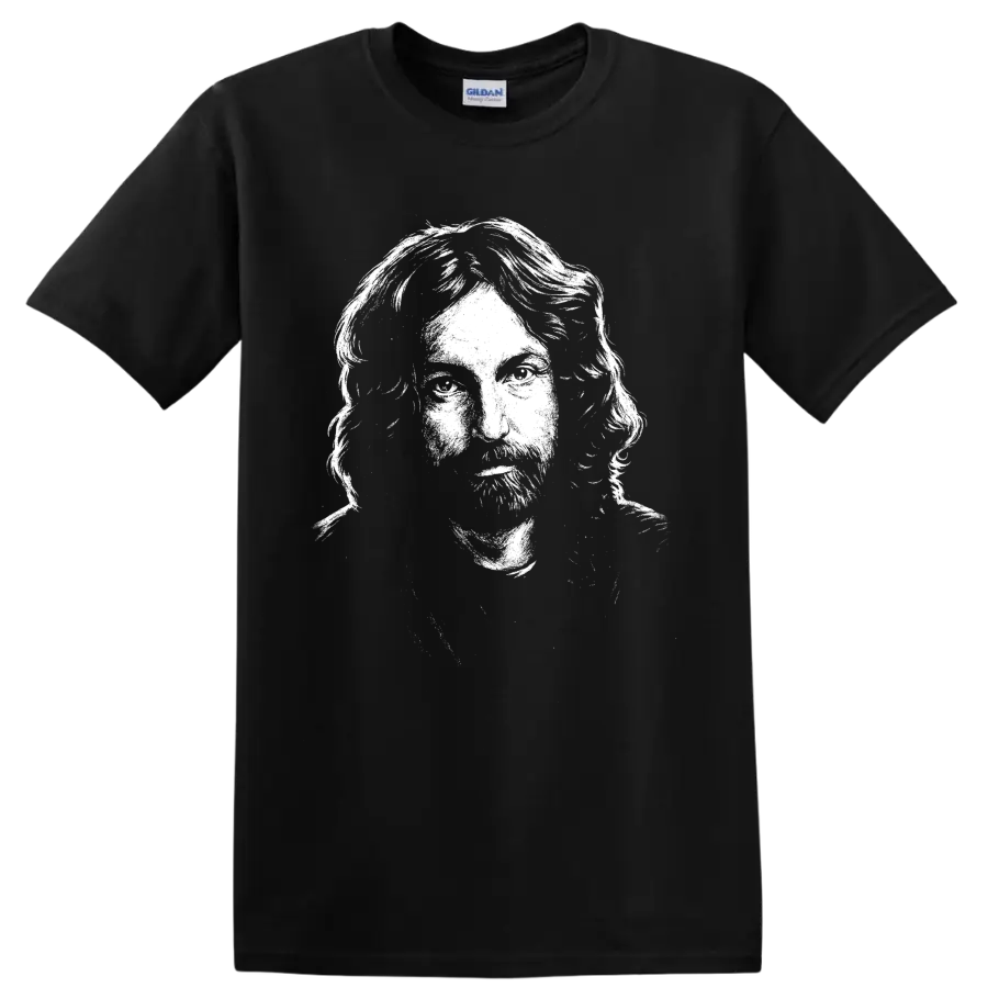 High-contrast Nick Mason portrait in bold monochrome classic rock graphic style on a Black T Shirt