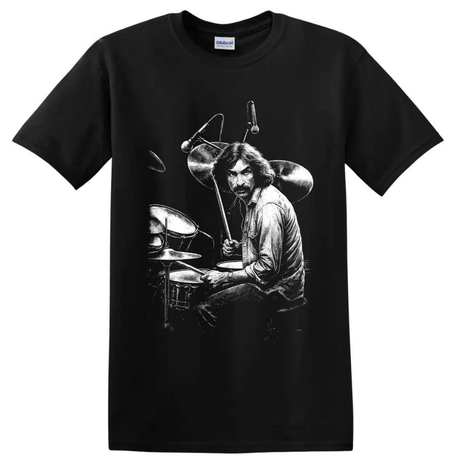 High-contrast Nick Mason Pink Floyd drummer illustration behind a full drum kit on a Black T Shirt