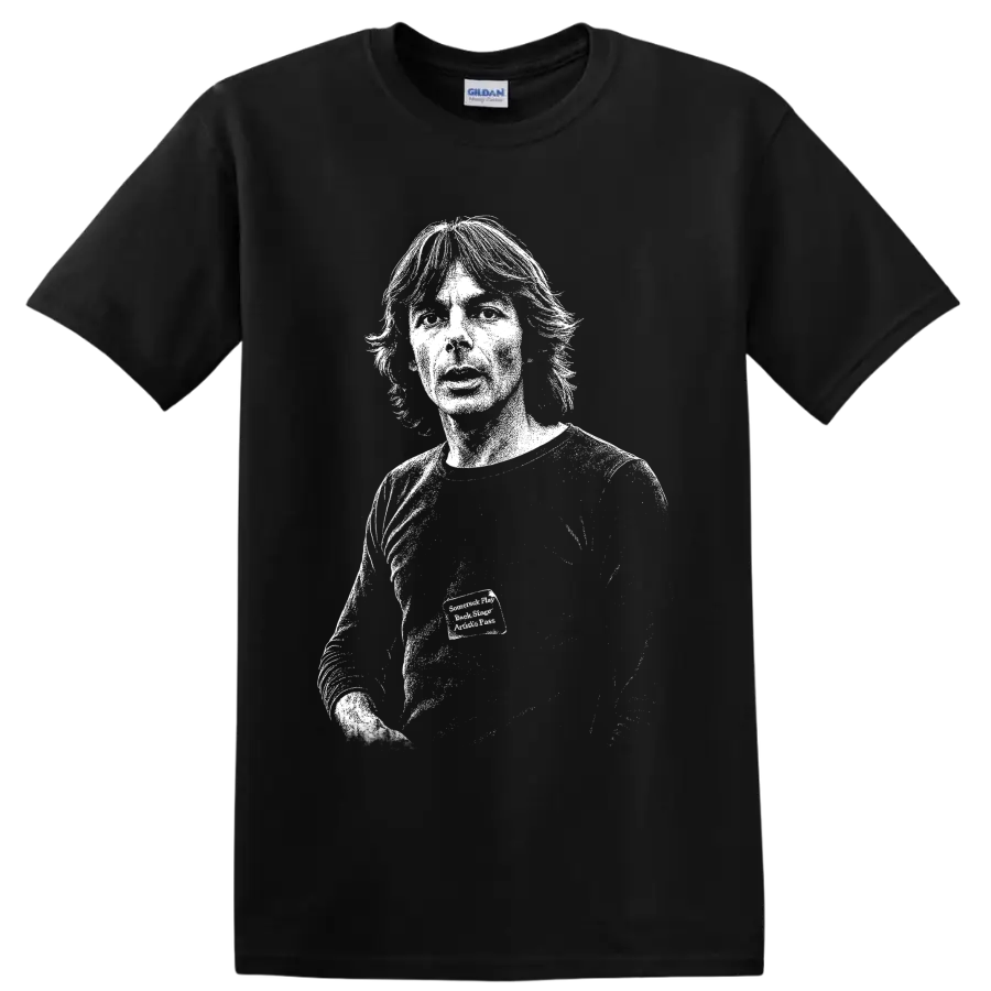 High-contrast Richard Wright portrait playing keyboard in a monochrome music tribute on a Black T Shirt