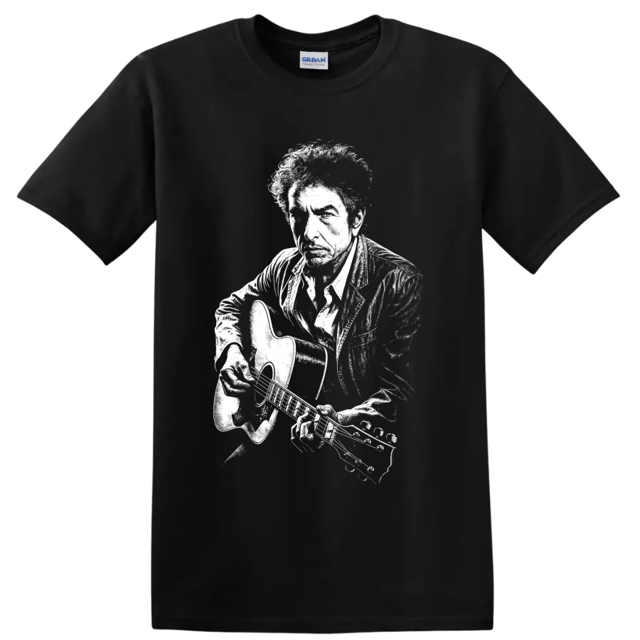 Bob Dylan guitar portrait in bold high-contrast monochrome graphic style on a Black T Shirt