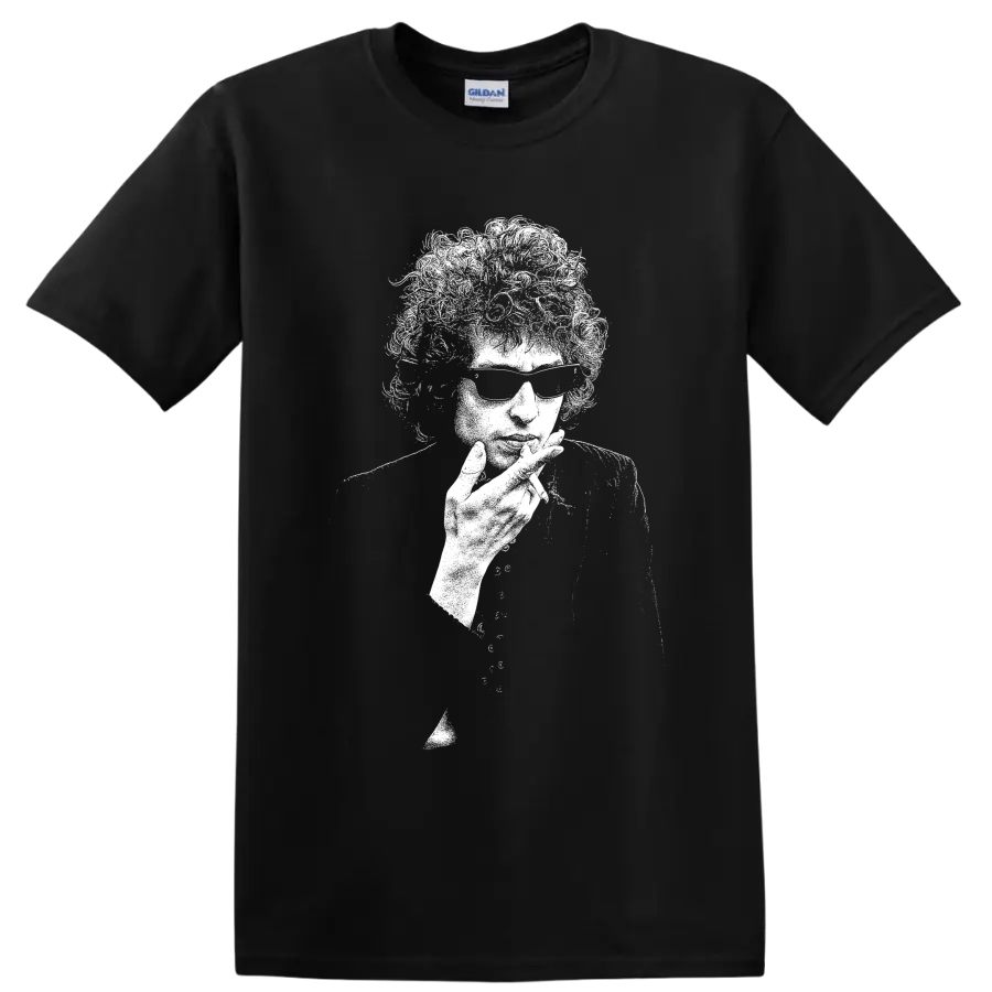 High-contrast Bob Dylan portrait in a bold black-and-white graphic style on a Black T Shirt
