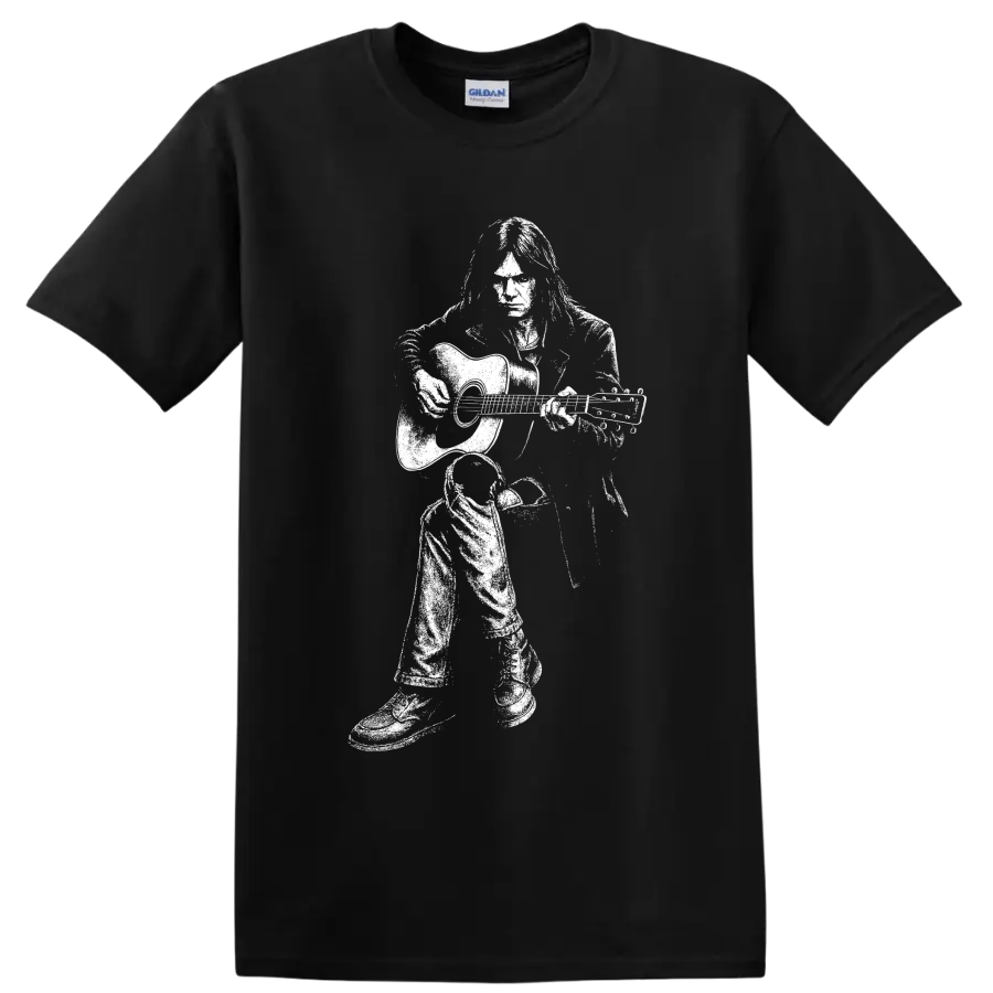 High-contrast white Neil Young guitarist silhouette in a bold classic rock style on a Black T Shirt