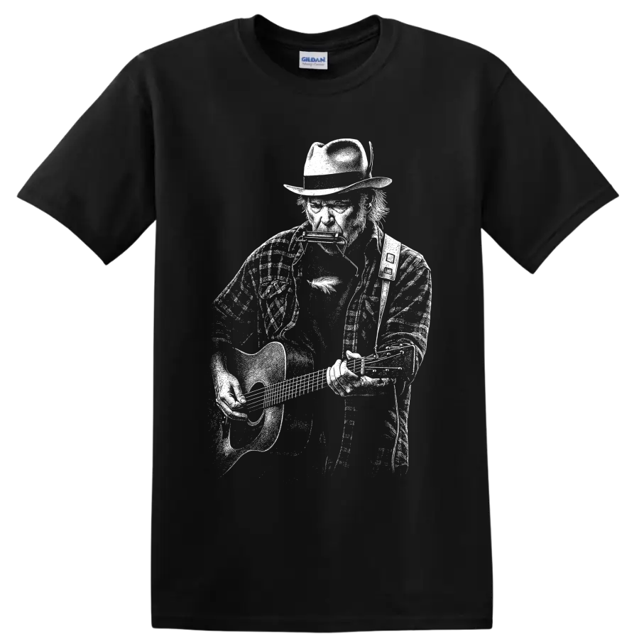 Neil Young guitarist portrait in bold black-and-white ink illustration style on a Black T Shirt
