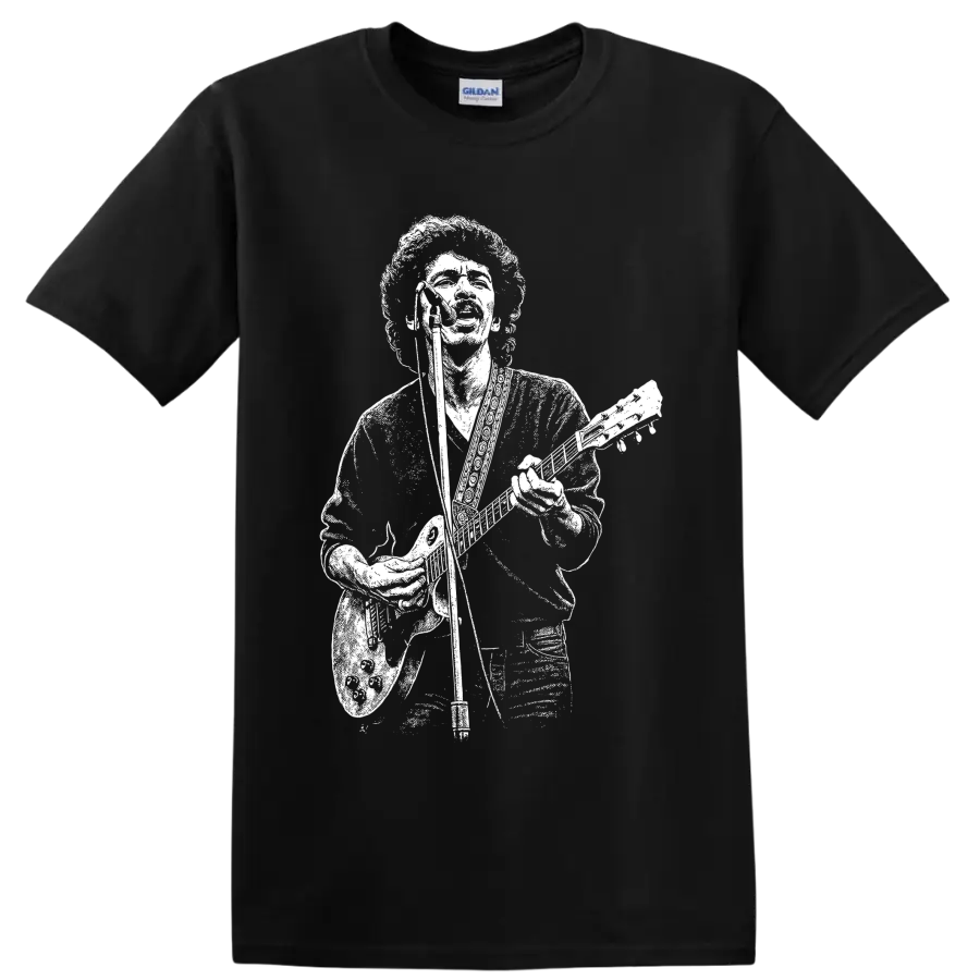 Carlos Santana seated guitarist portrait in high-contrast monochrome illustration on a Black T Shirt