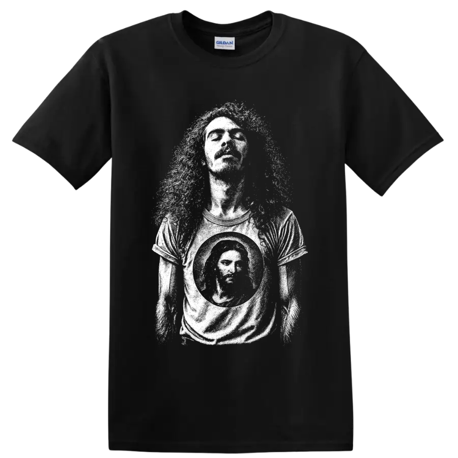 Carlos Santana guitarist silhouette graphic in a bold minimalist concert style on a Black T Shirt