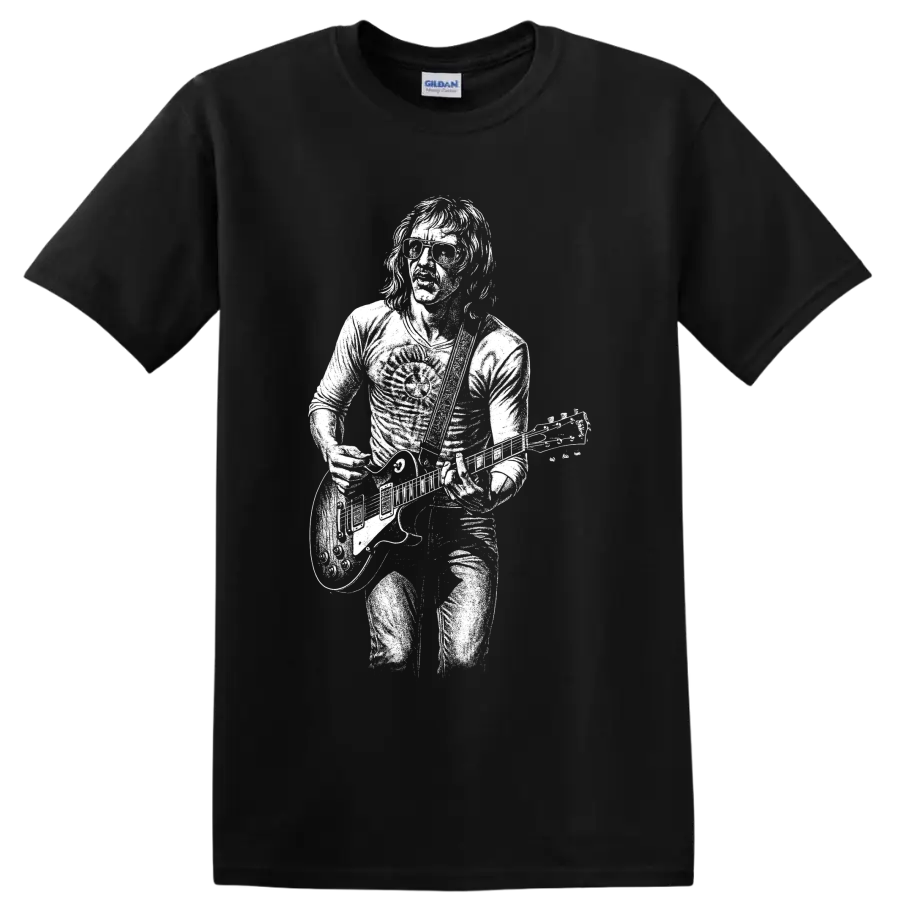 Mick Taylor guitar portrait in bold monochrome rock poster style on a Black T Shirt