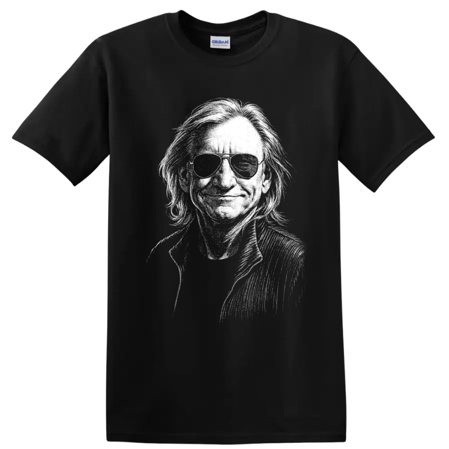 High-contrast monochrome Joe Walsh guitarist portrait holding a guitar on a Black T Shirt