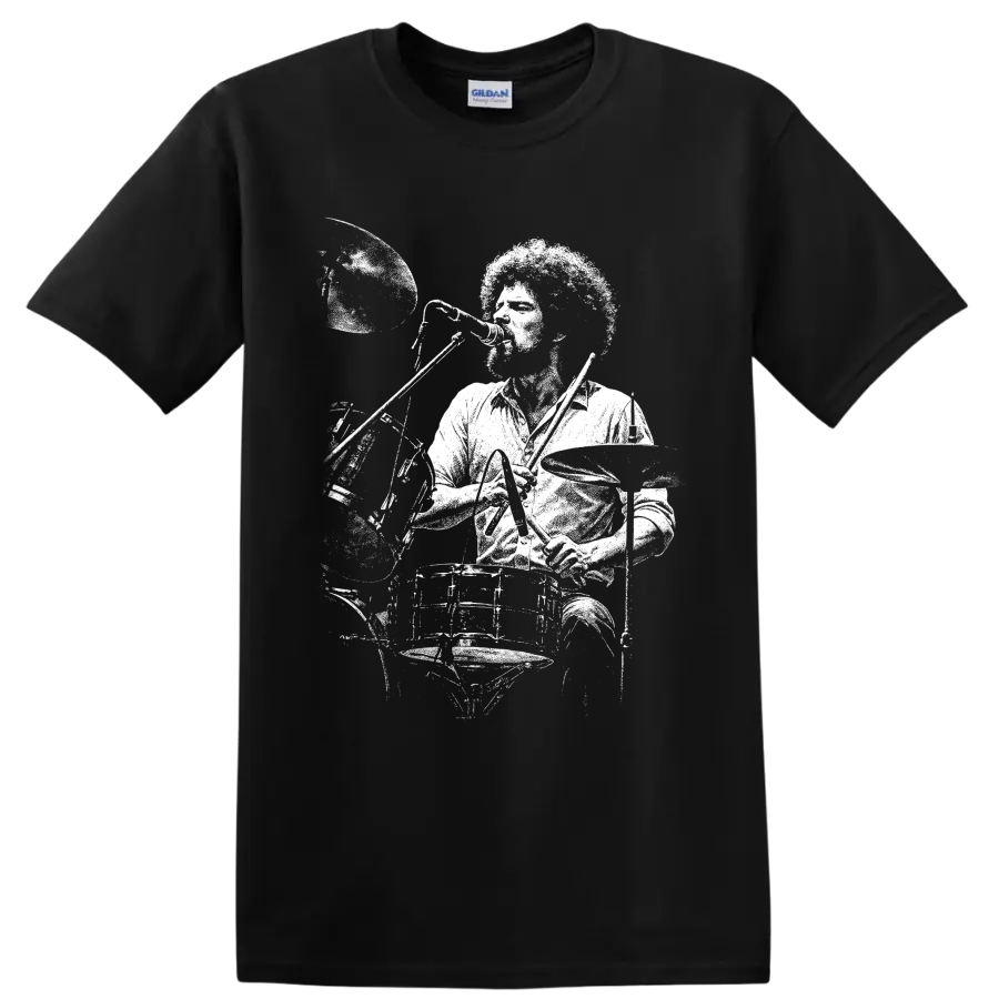 High-contrast Don Henley Eagles singer and drummer portrait graphic on a Black T Shirt