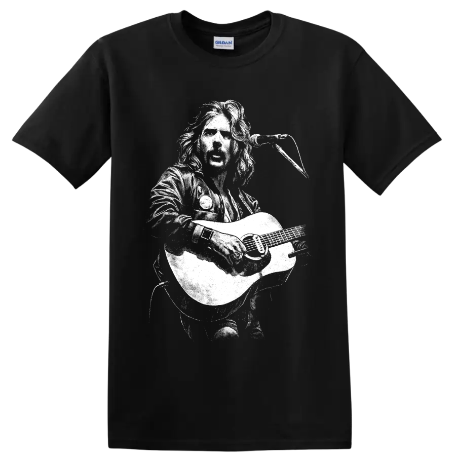 Glenn Frey guitarist portrait in high-contrast monochrome rock art on a Black T Shirt