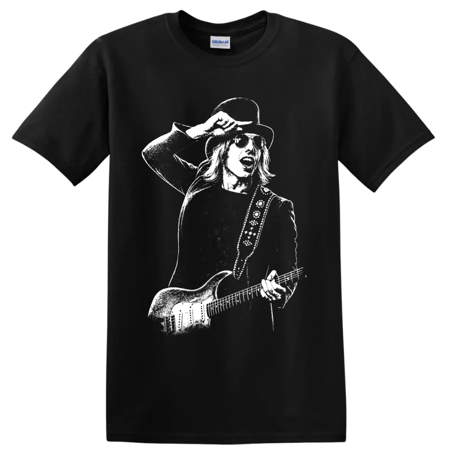 Tom Petty guitar portrait in high-contrast black-and-white vintage rock style on a Black T Shirt