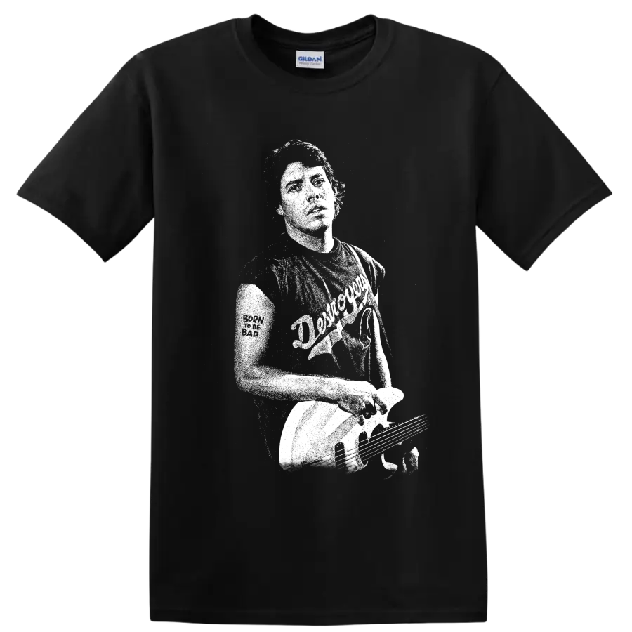 Distressed George Thorogood guitarist portrait in high-contrast rock poster style on a Black T Shirt