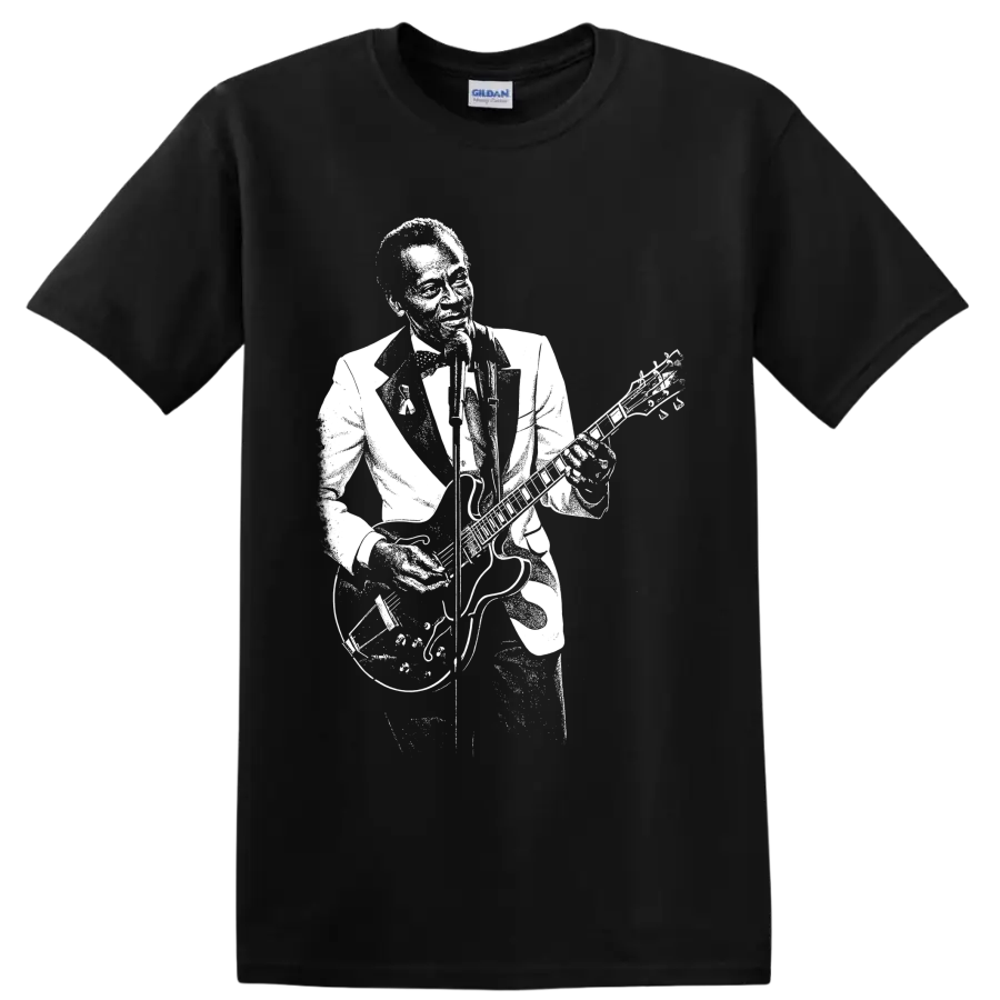 Chuck Berry playing guitar in a bold vintage-inspired white silhouette graphic on a Black T Shirt