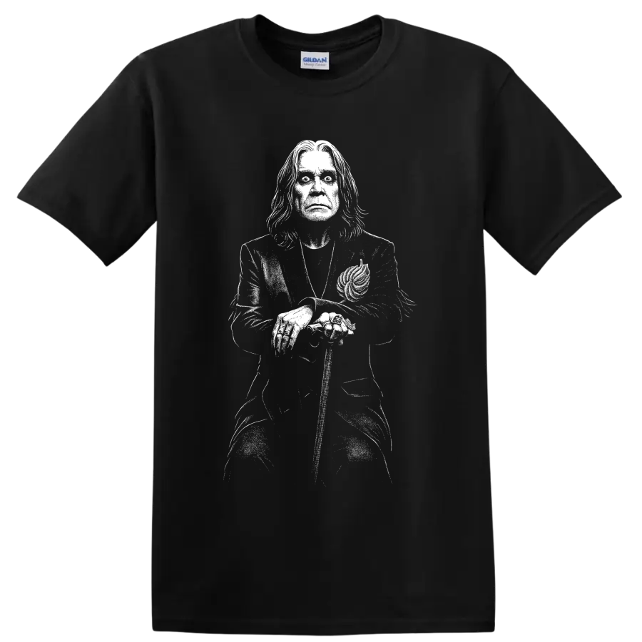 Ozzy Osbourne Black Sabbath inspired monochrome singer portrait illustration on a Black T Shirt