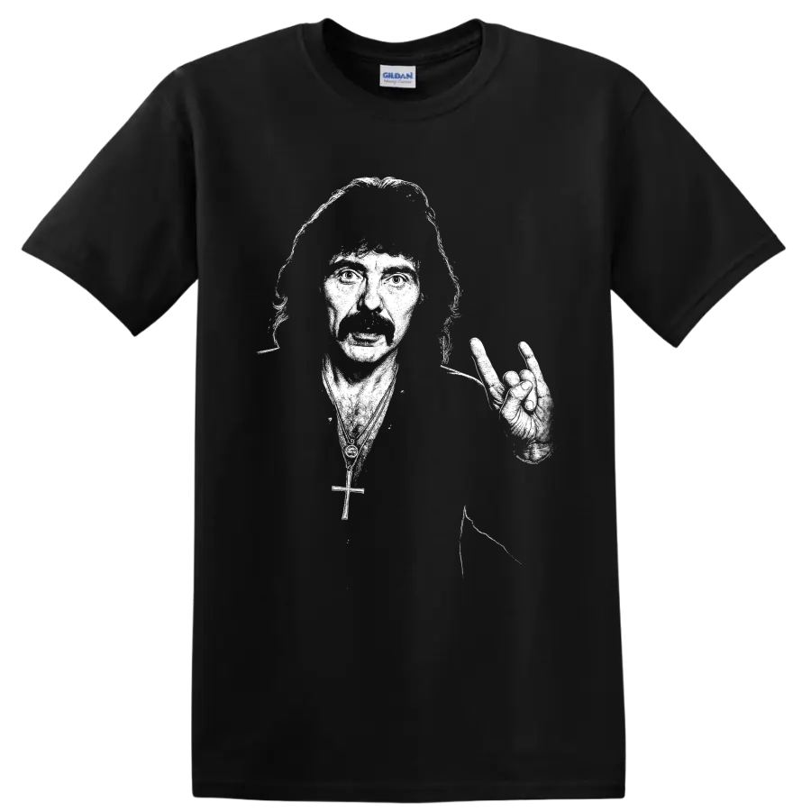 Tony Iommi Black Sabbath guitarist silhouette with electric guitar on a Black T Shirt