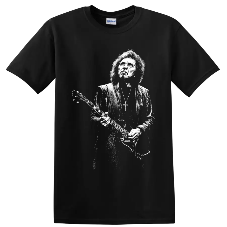 Tony Iommi holding guitar in bold monochrome Black Sabbath-inspired portrait art on a Black T Shirt