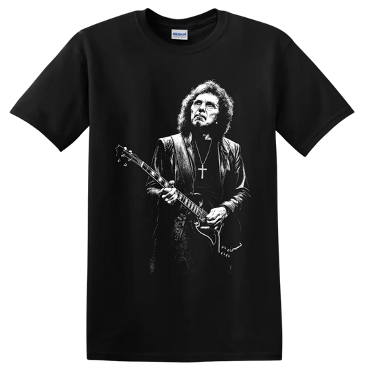 Tony Iommi holding guitar in bold monochrome Black Sabbath-inspired portrait art on a Black T Shirt