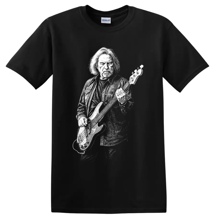 Monochrome Geezer Butler bass guitar performance silhouette graphic on a Black T Shirt