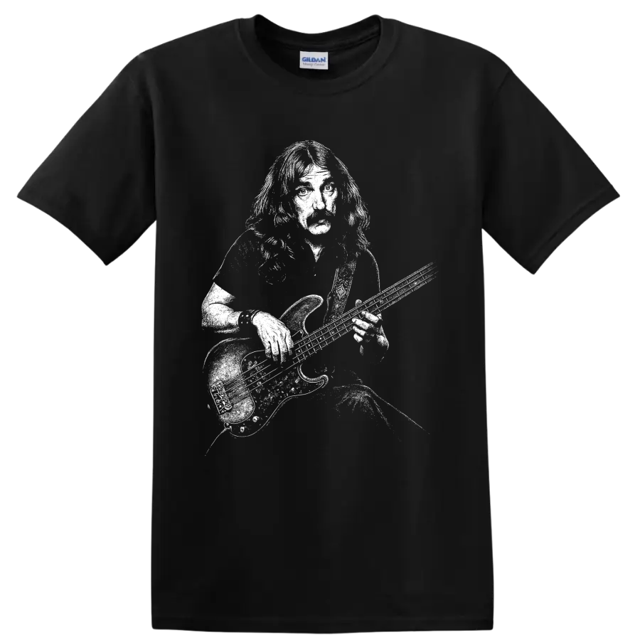 Geezer Butler Black Sabbath bassist portrait in bold black-and-white rock art on a Black T Shirt