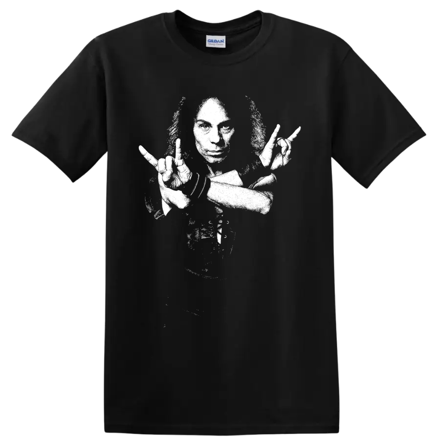 White high-contrast Ronnie James Dio fantasy-inspired heavy metal illustration on a Black T Shirt