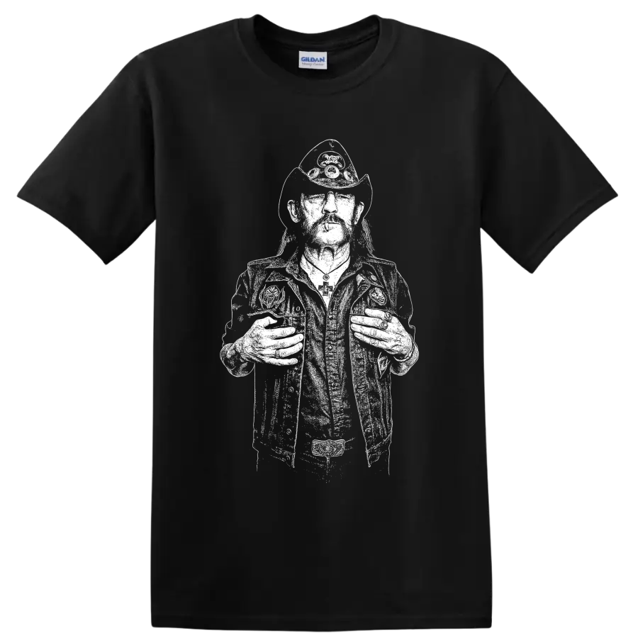Monochrome Lemmy Kilmister portrait in a bold high-contrast graphic style on a Black T Shirt