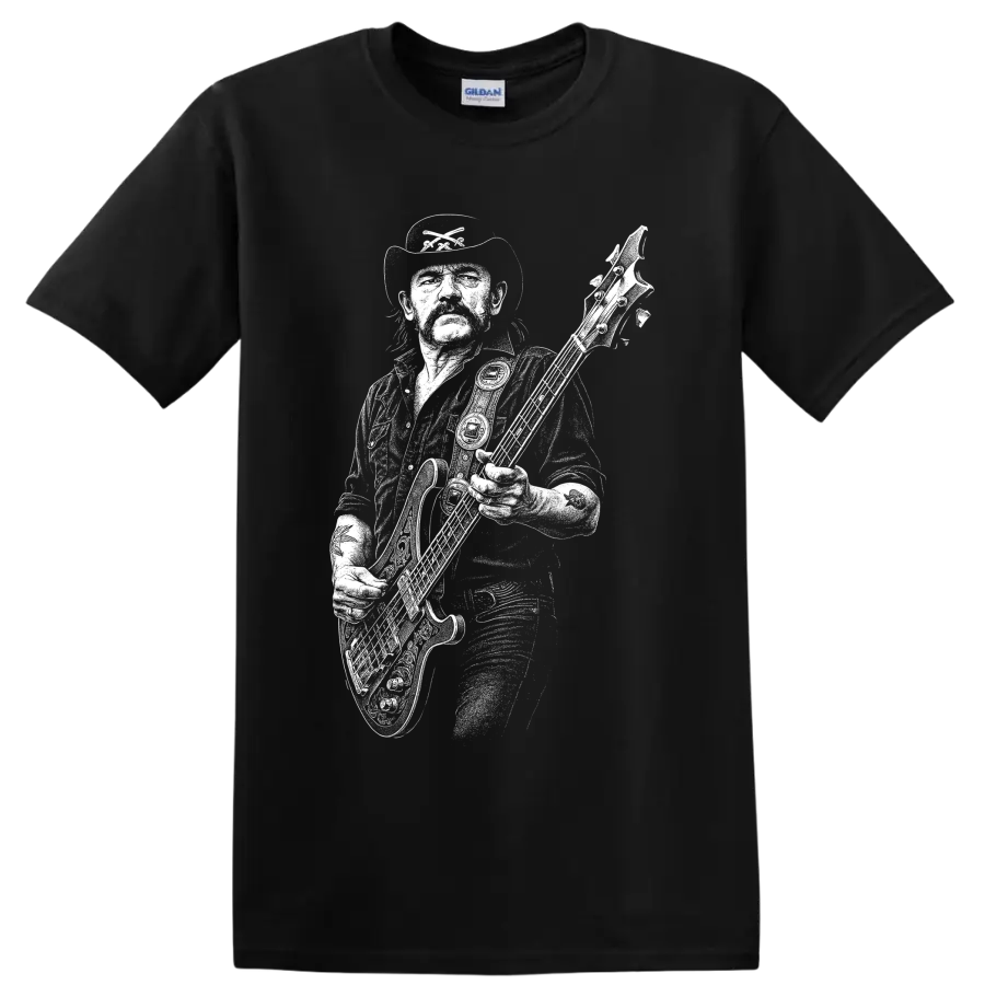 White Lemmy Kilmister silhouette with bass guitar and microphone rock tribute artwork on a Black T Shirt