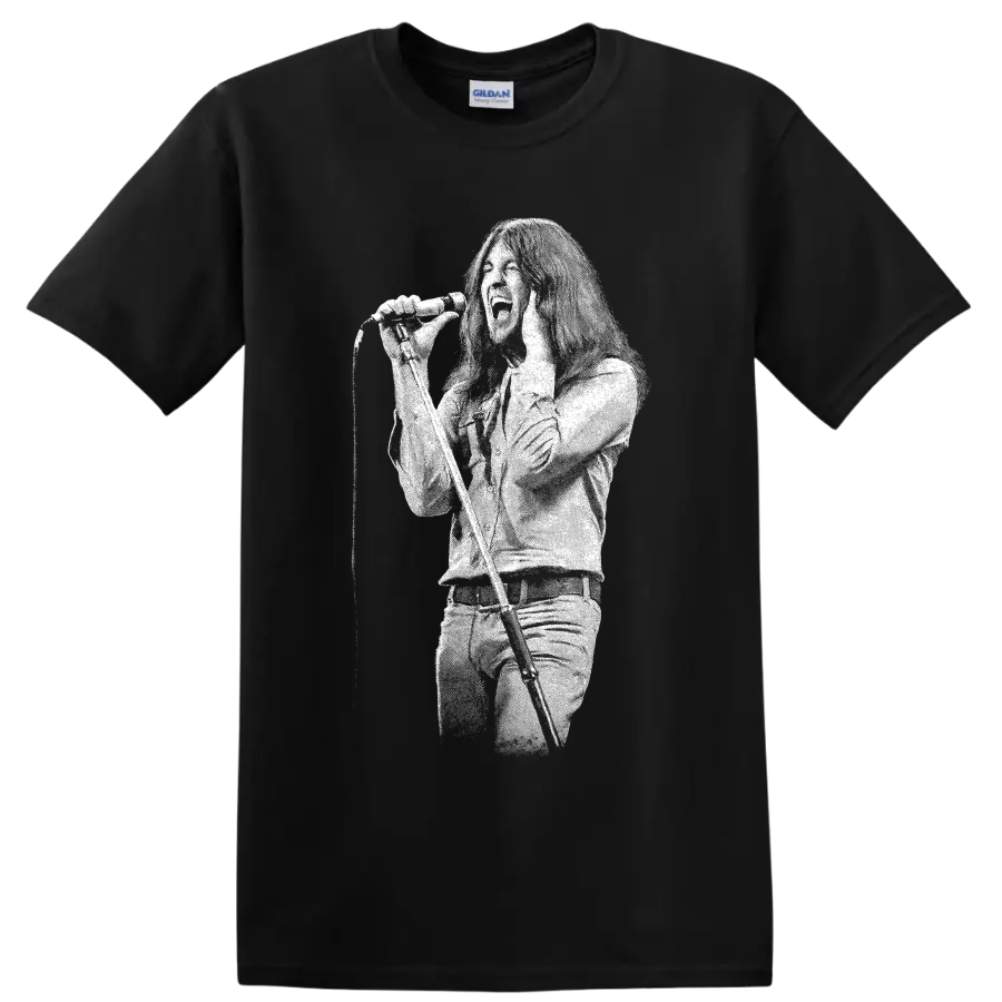 Ian Gillan singing into microphone in bold white silhouette rock portrait on a Black T Shirt