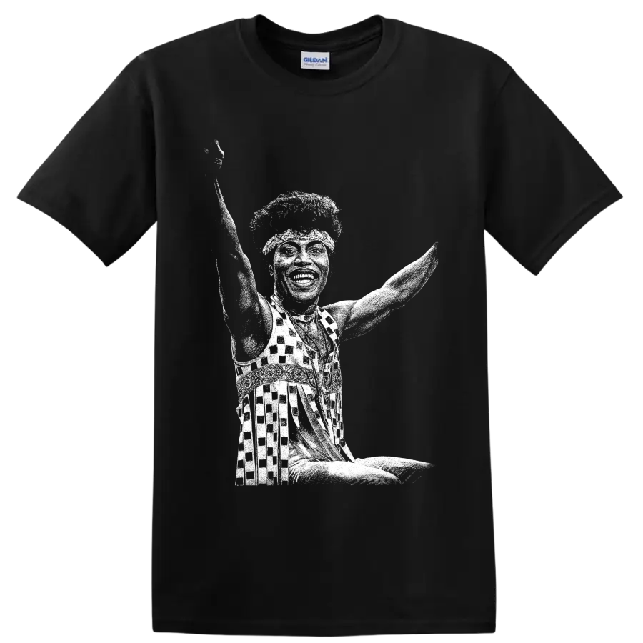 White Little Richard piano performance silhouette in bold high-contrast graphic style on a Black T Shirt