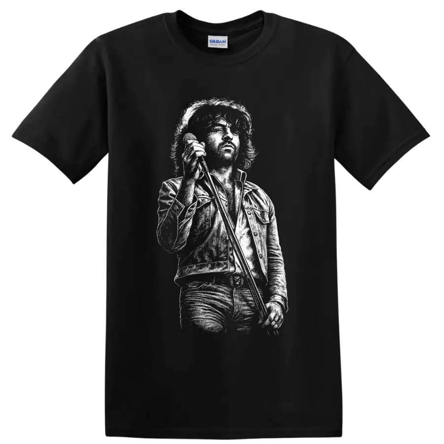 High-contrast Ian Gillan portrait in a monochrome classic rock illustration on a Black T Shirt