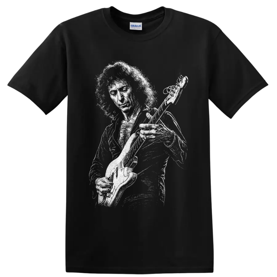 High-contrast Ritchie Blackmore guitarist portrait with electric guitar on a Black T Shirt