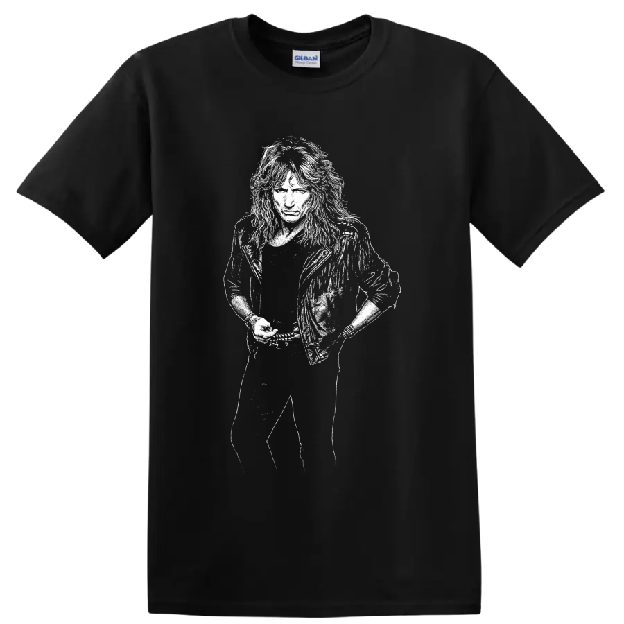 High-contrast monochrome portrait of David Coverdale performing on a Black T Shirt