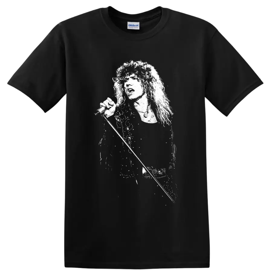 High-contrast David Coverdale portrait in a dramatic monochrome rock art style on a Black T Shirt