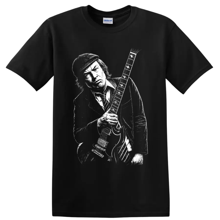 Angus Young AC/DC guitarist black-and-white portrait with electric guitar on a Black T Shirt