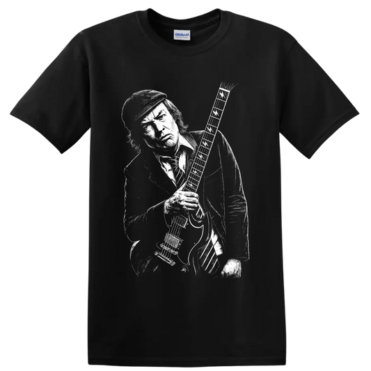 Angus Young AC/DC guitarist black-and-white portrait with electric guitar on a Black T Shirt