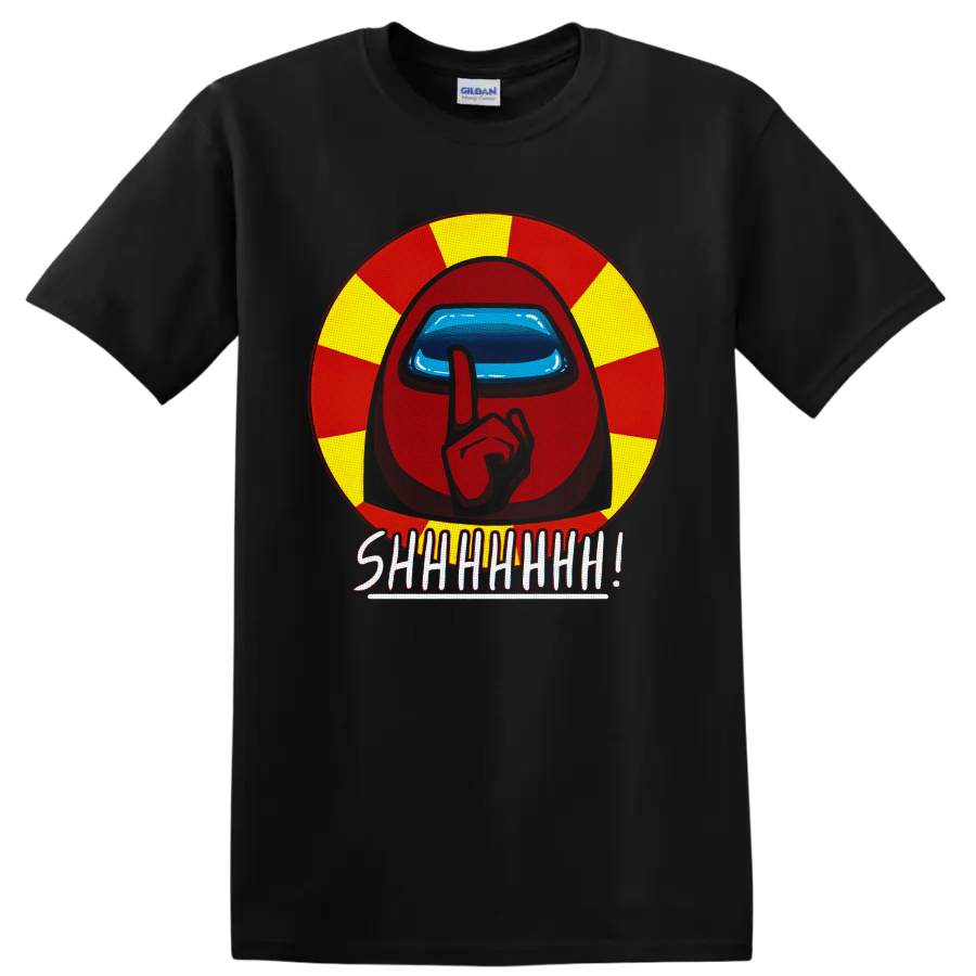 Among Us Red Crewmate shushing in red and yellow circle with SHHHHHH lettering on a Black T Shirt