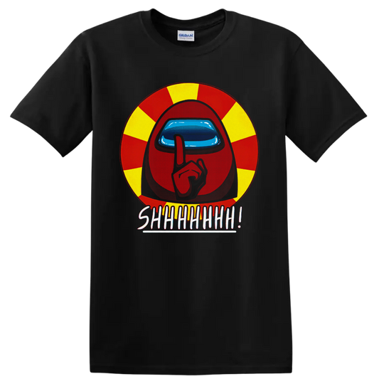 Among Us Red Crewmate shushing in red and yellow circle with SHHHHHH lettering on a Black T Shirt
