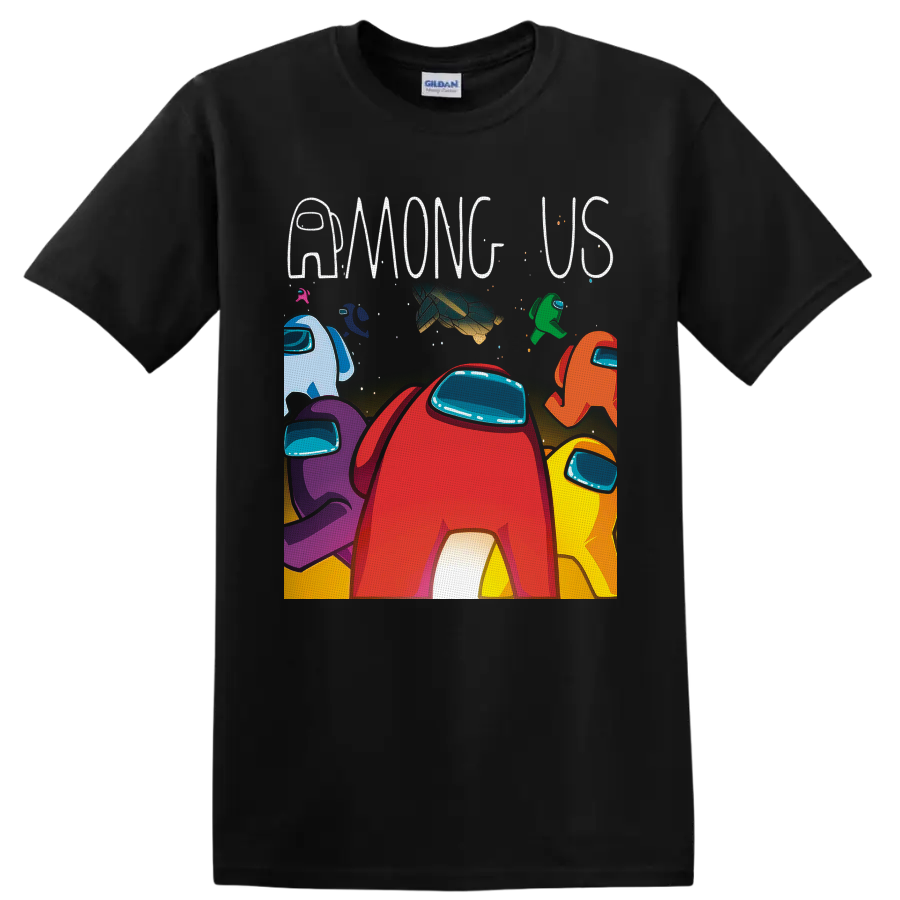 Colorful Among Us Crewmates graphic with red character, stars, spacecraft, and AMONG US on a Black T Shirt