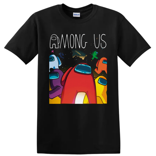 Colorful Among Us Crewmates graphic with red character, stars, spacecraft, and AMONG US on a Black T Shirt