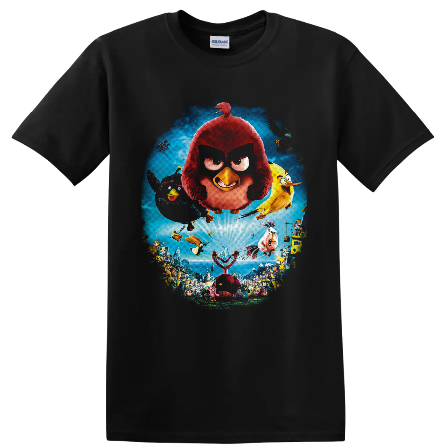 Angry Birds island adventure with flying birds, giant slingshot, and colorful village on a Black T Shirt