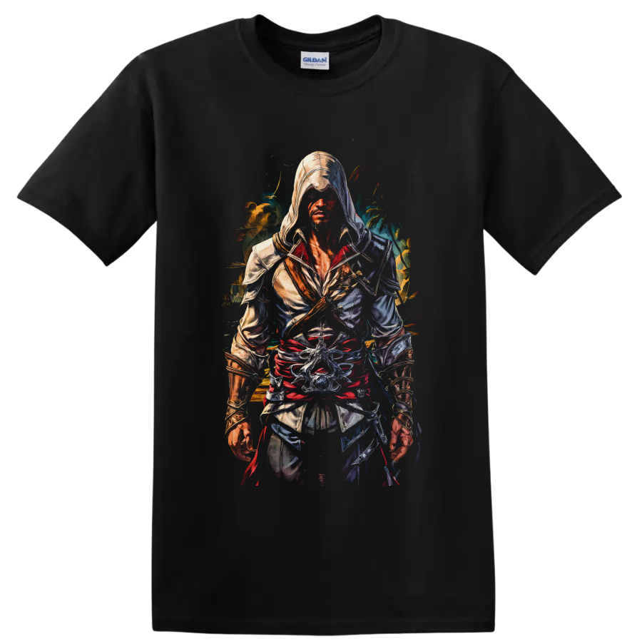 Bayek Assassin's Creed hooded warrior in vivid painterly action art on a Black T Shirt
