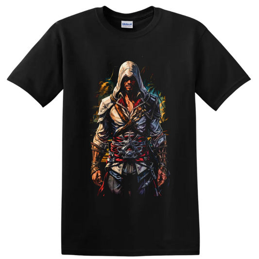 Bayek Assassin's Creed hooded warrior in vivid painterly action art on a Black T Shirt