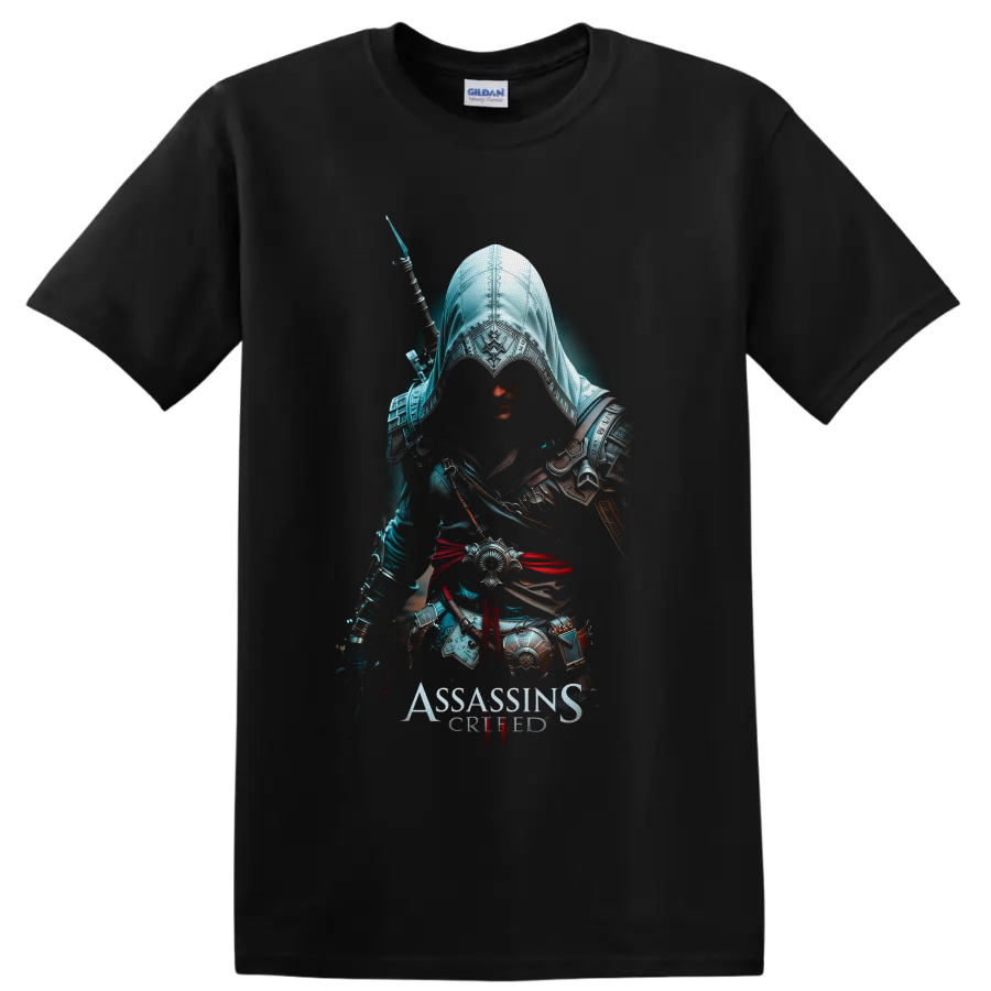 Assassin's Creed hooded Assassin warrior with ornate armor, sword, and red sash on a Black T Shirt