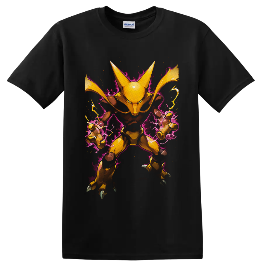 Alakazam in golden anime style with purple psychic energy and lightning on a Black T Shirt