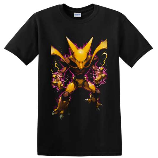 Alakazam in golden anime style with purple psychic energy and lightning on a Black T Shirt